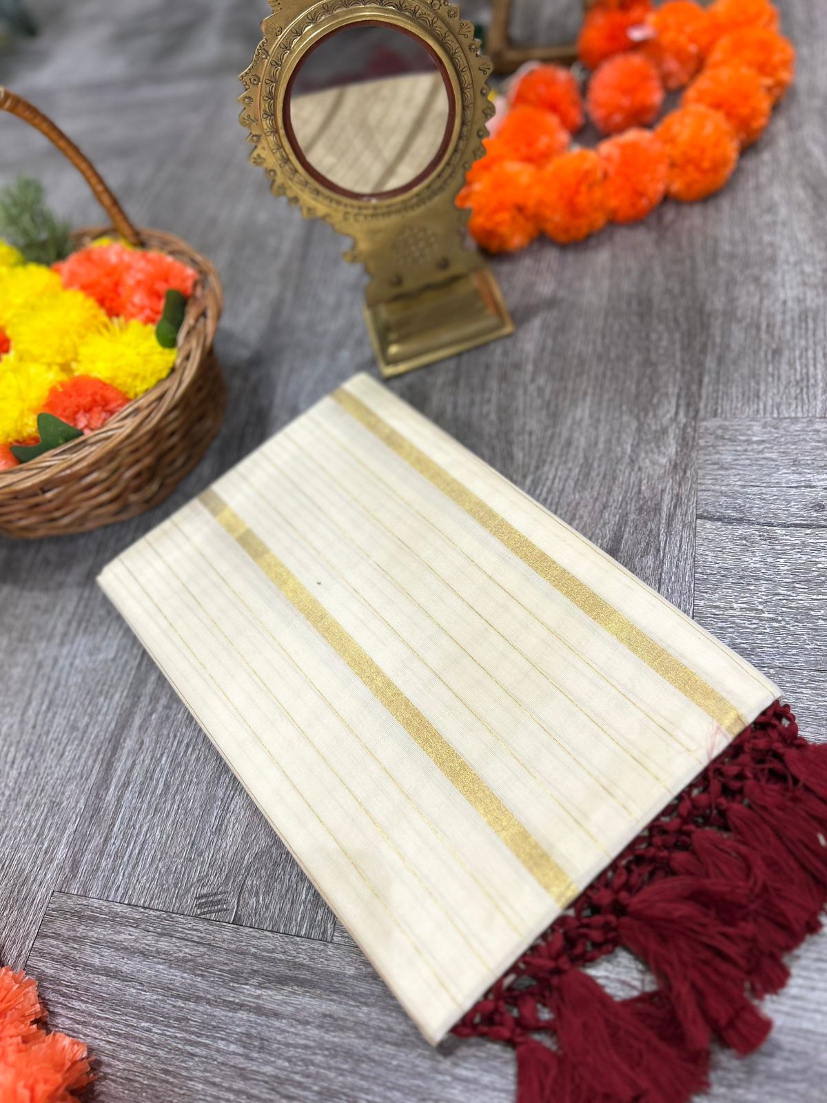 kerala saree - Cream Cotton  shade Search code 2118