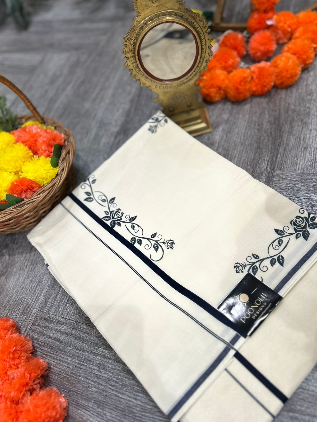 kerala saree - Cream Cotton  shade Search code 2128