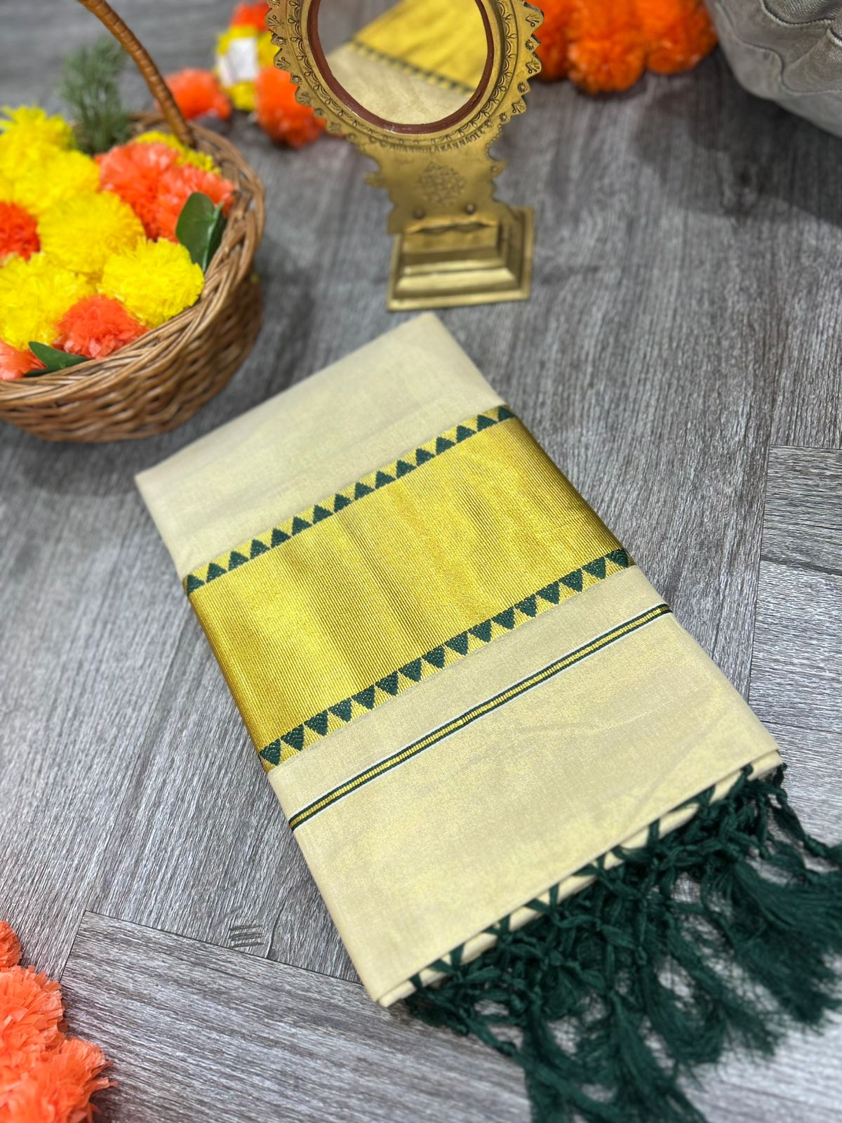 kerala saree - Golden Tissue  shade Search code 2129