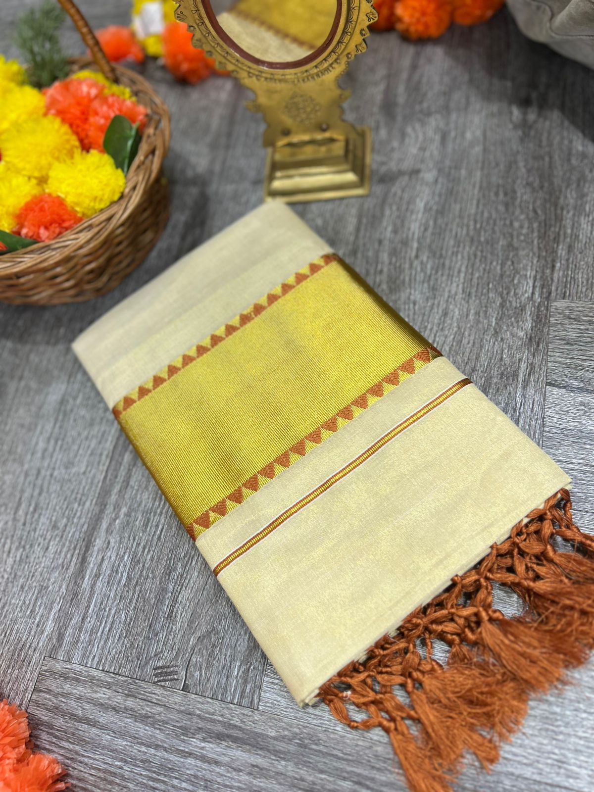 kerala saree - Golden Tissue  shade Search code 2132