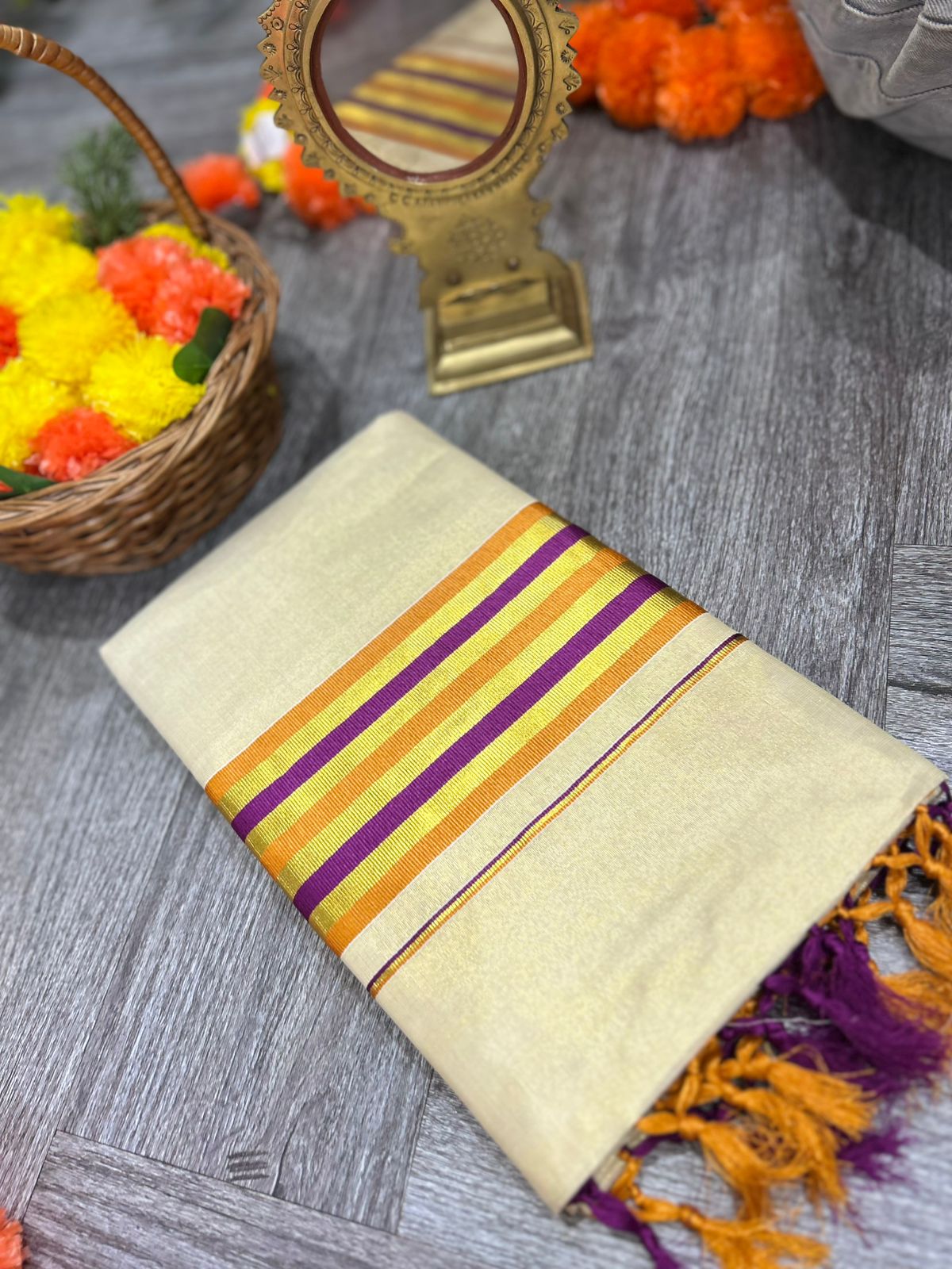 kerala saree - Golden Tissue  shade Search code 2136