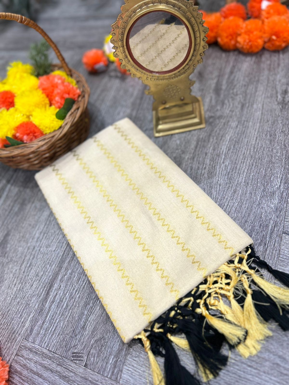 kerala saree - Golden Tissue  shade Search code 2138