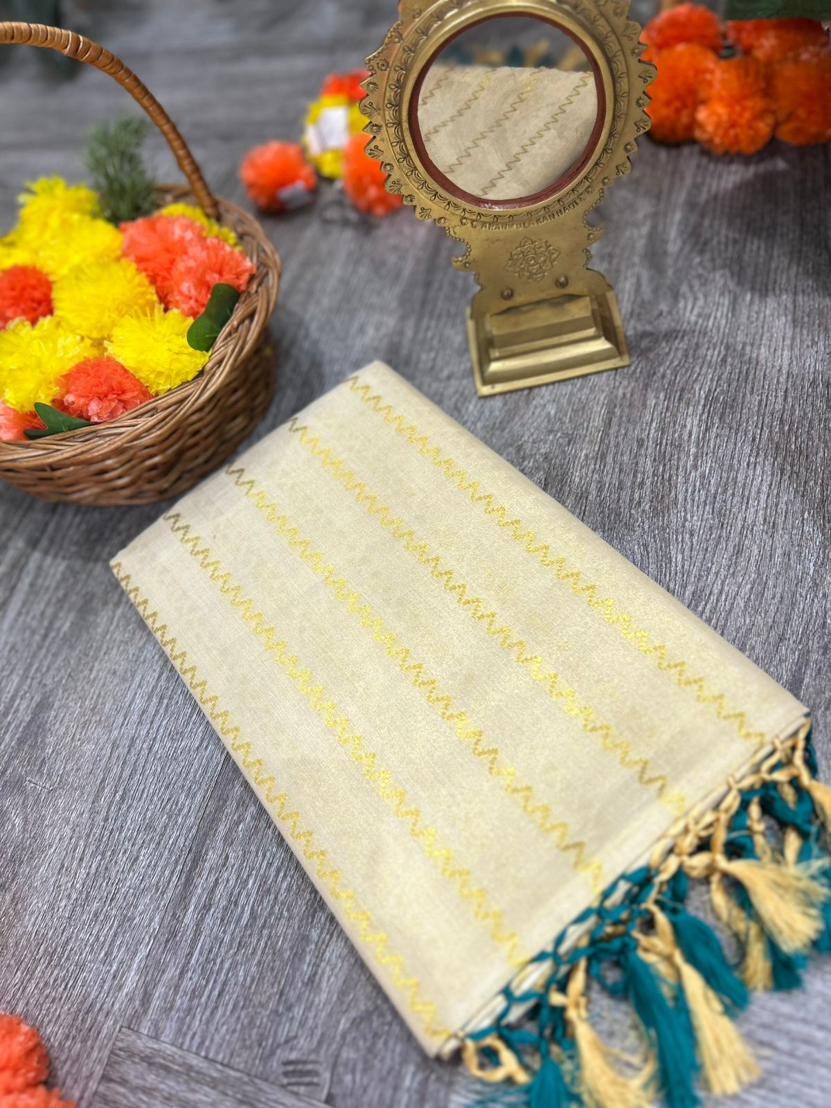 kerala saree - Golden Tissue  shade Search code 2140