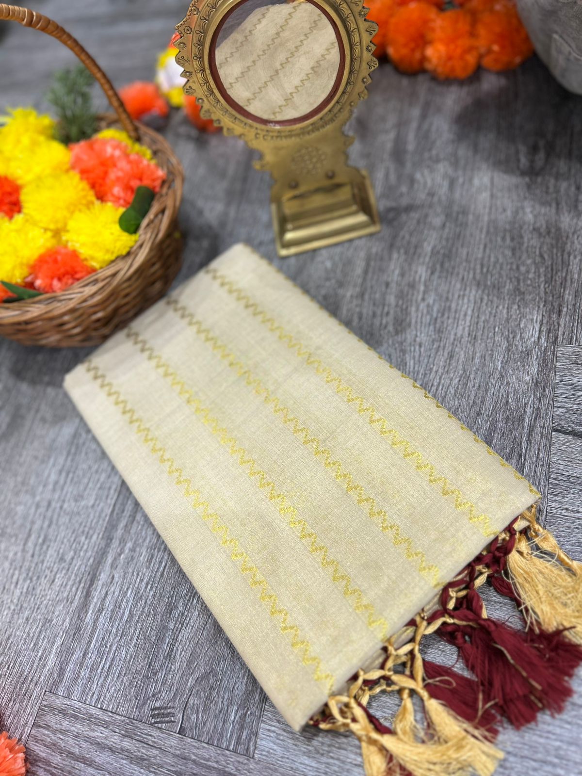 kerala saree - Golden Tissue  shade Search code 2142