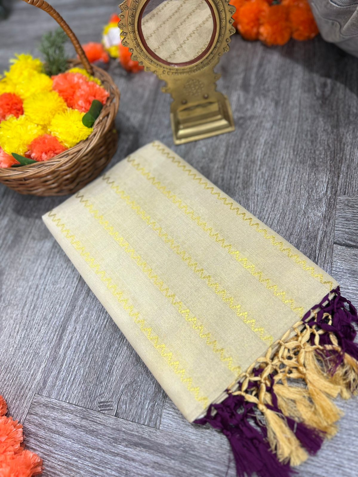 kerala saree - Golden Tissue  shade Search code 2143