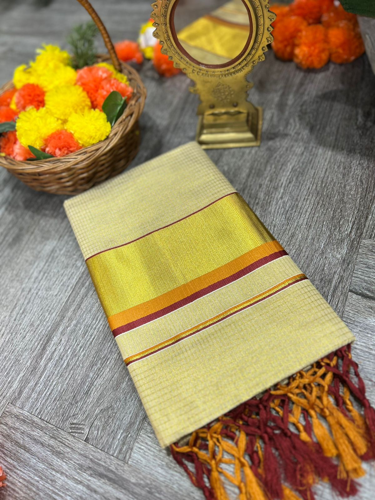 kerala saree - Golden Tissue  shade Search code 2150