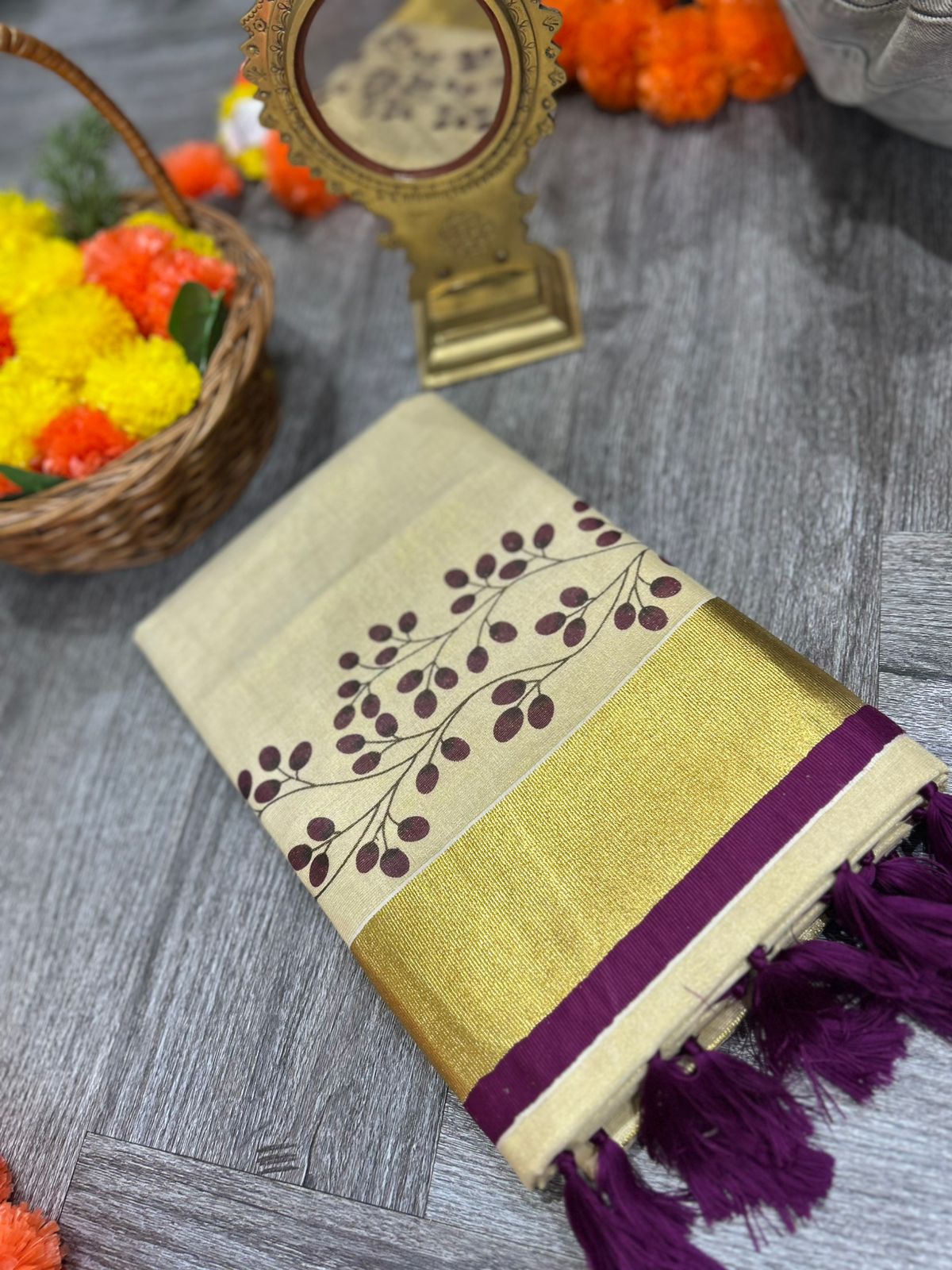 kerala saree - Golden Tissue  shade Search code 2151