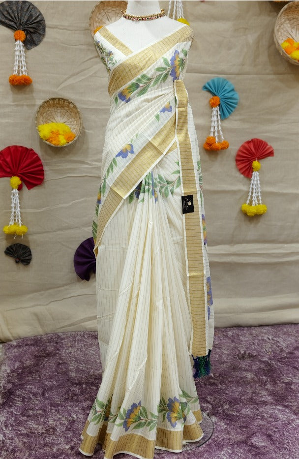 Off-White Kerala Kasavu Saree With Violet & Yellow Floral Prints shade Search code 2503