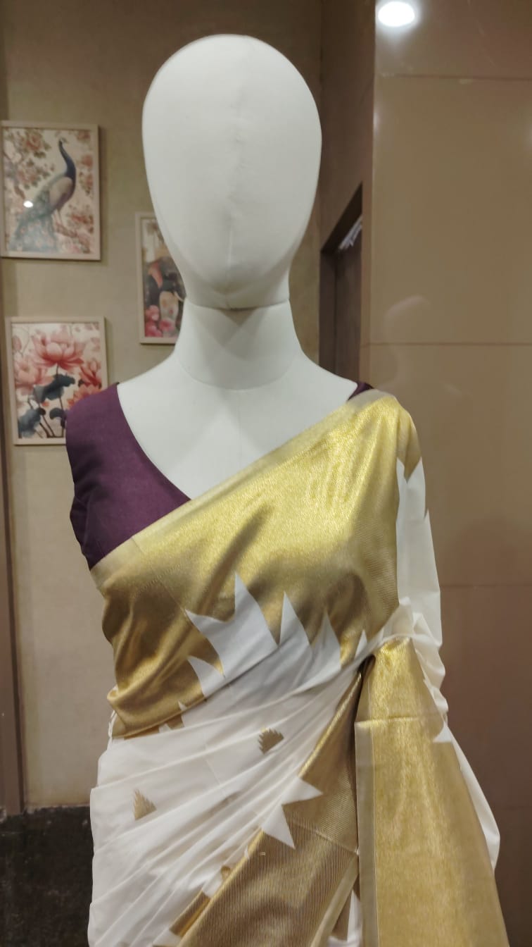 Set Mundu The Ivory & Gold Temple Heritage Saree  Search code 9613