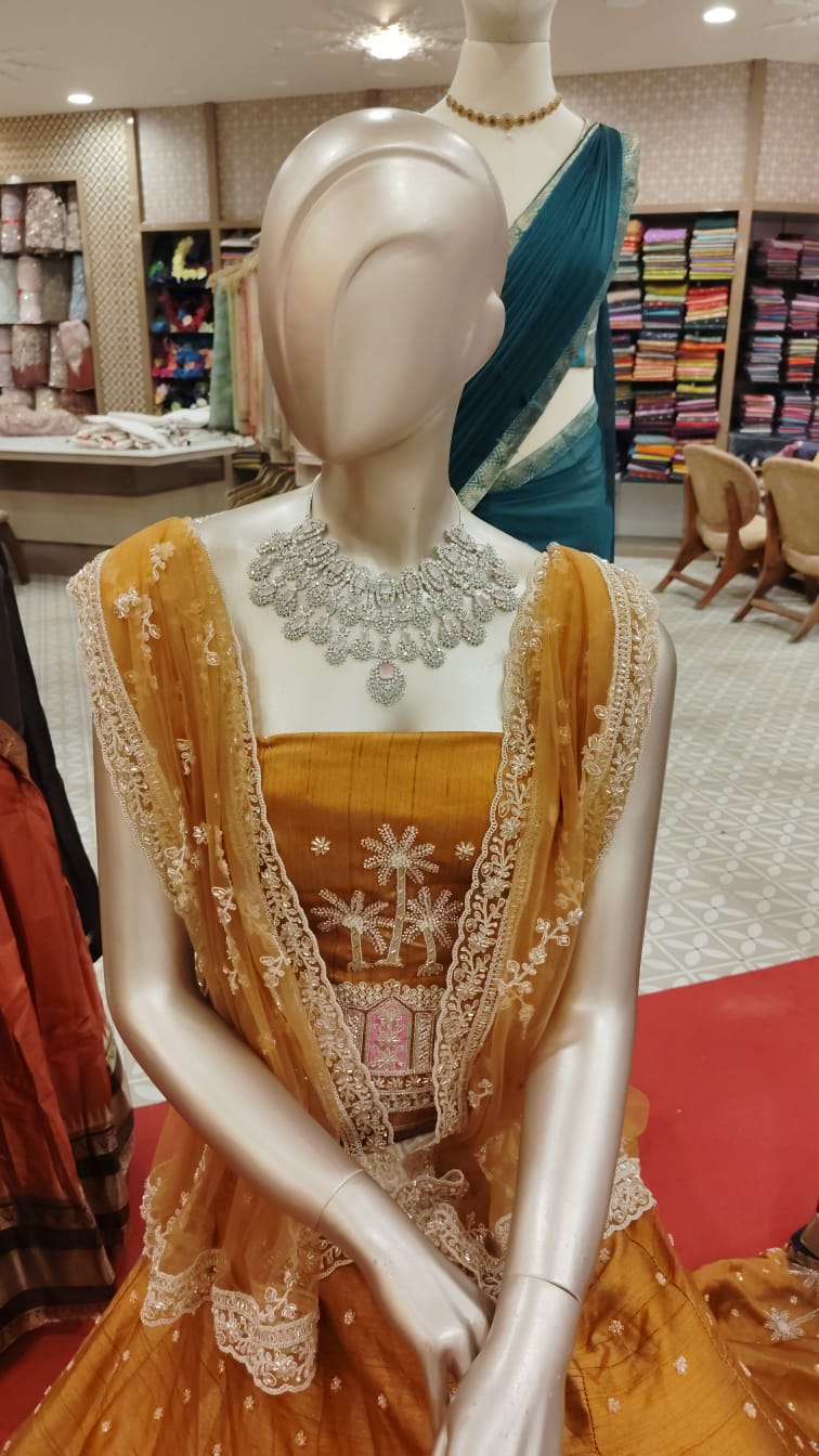 Honey Gold Silk Lehenga Set with Floral and Tree Border Embroidery color search code 4535