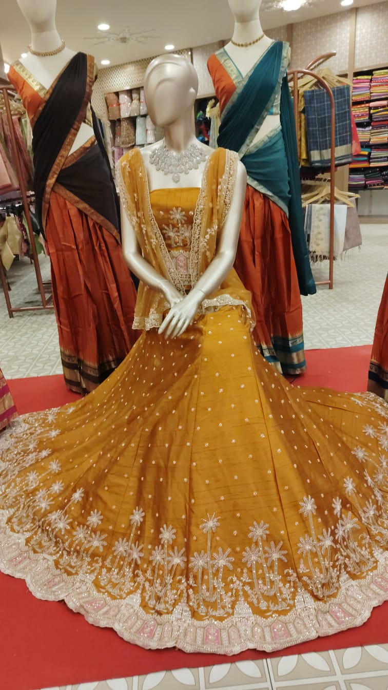 Honey Gold Silk Lehenga Set with Floral and Tree Border Embroidery color search code 4535