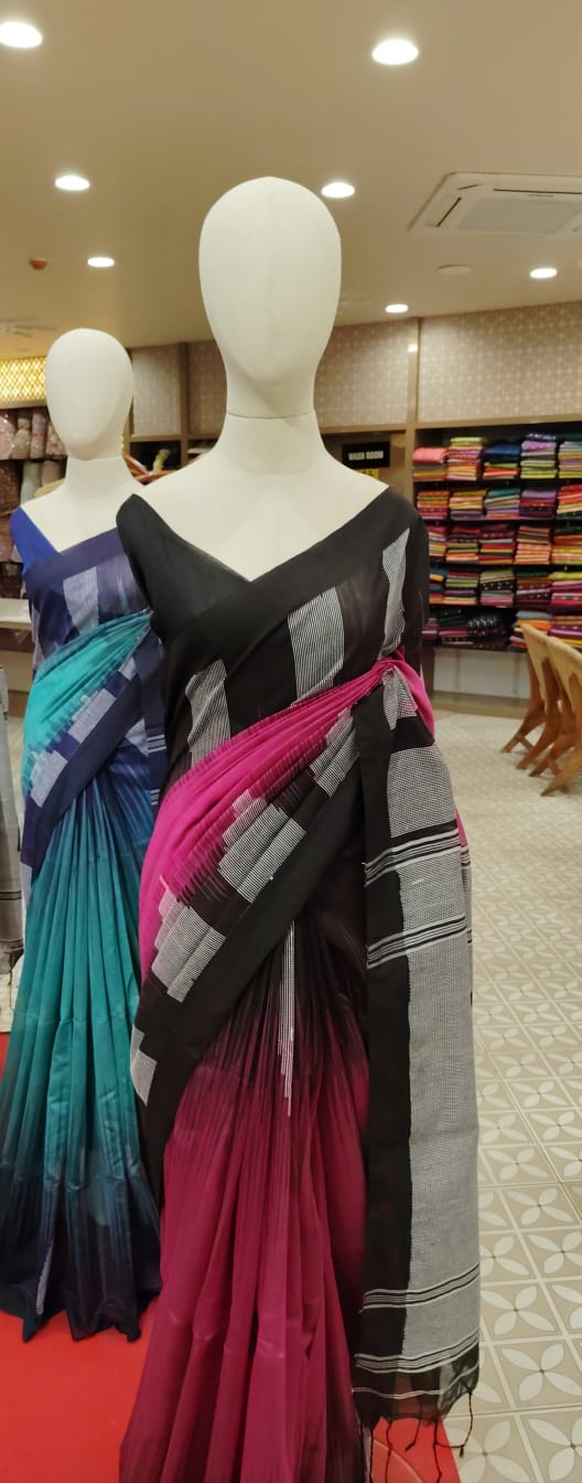 Semi Linen Saree  Black & Magenta  Search code 1592
