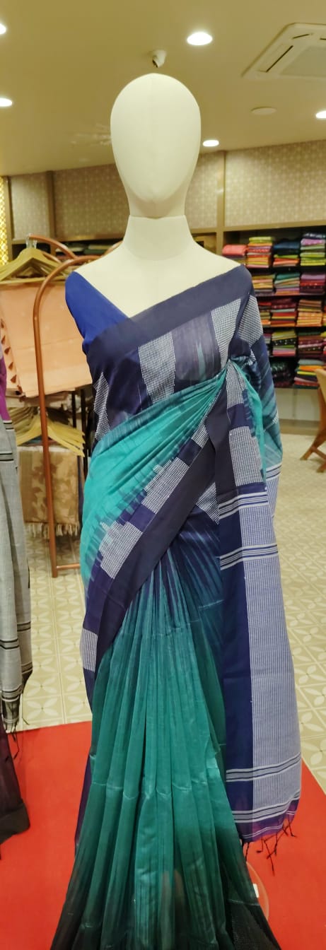 Semi Linen Saree  Indigo & Sea Green  Search code 1593