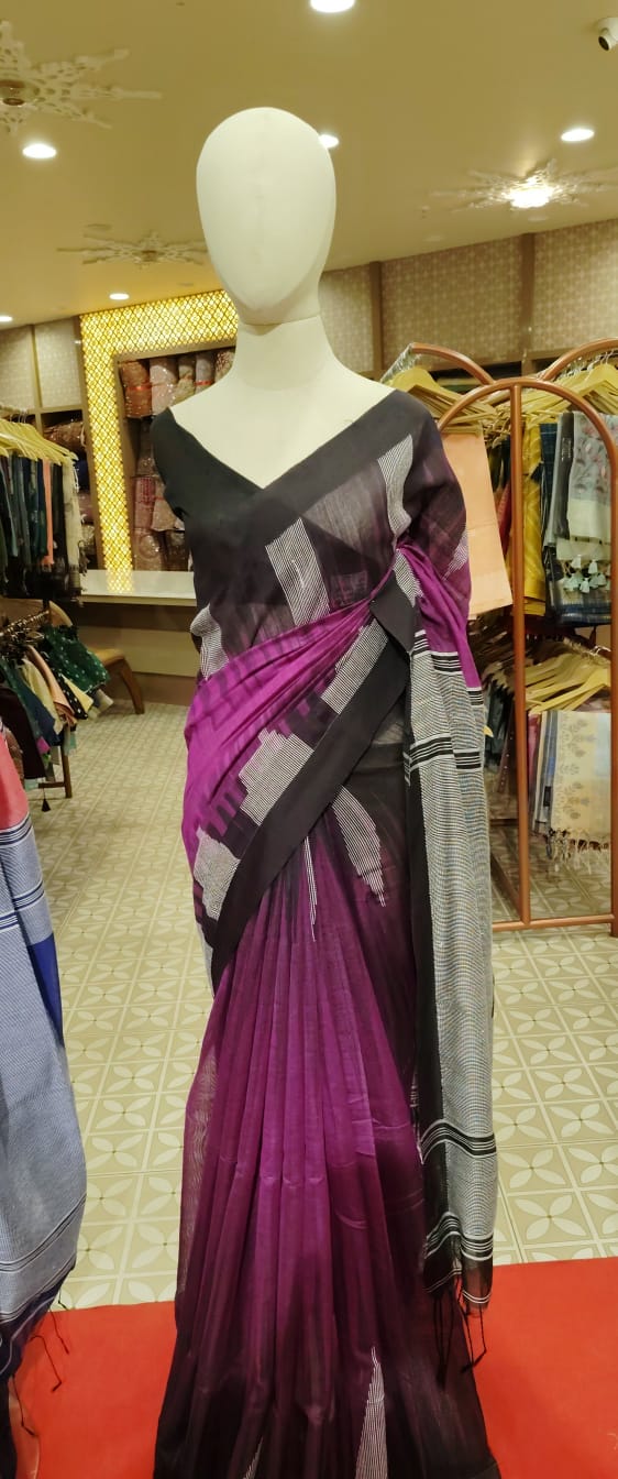 Semi Linen Saree  Black & Violet Handloom Saree Search code 1594