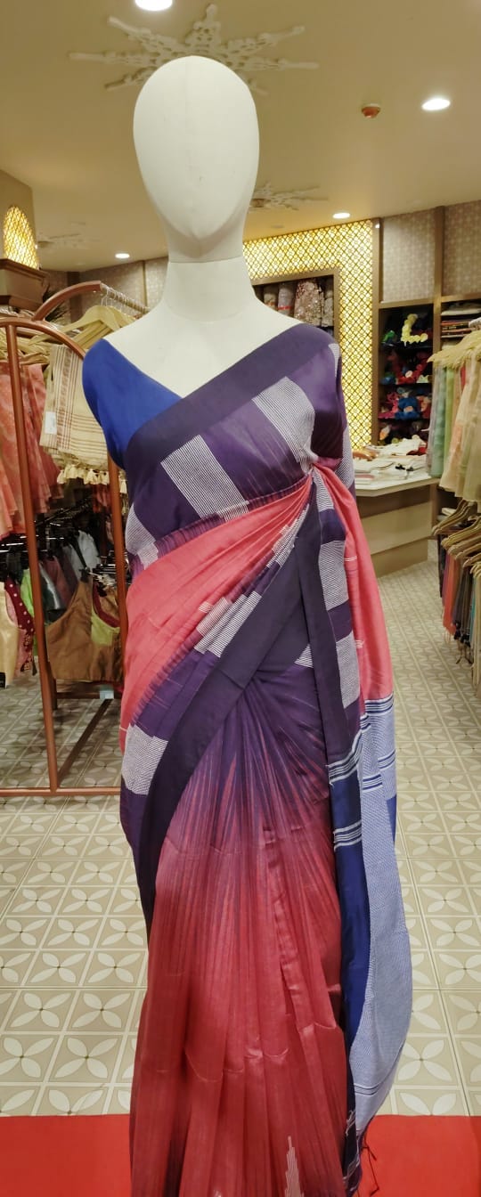 Semi Linen Saree Navy & Coral Handloom Saree Search code 1595