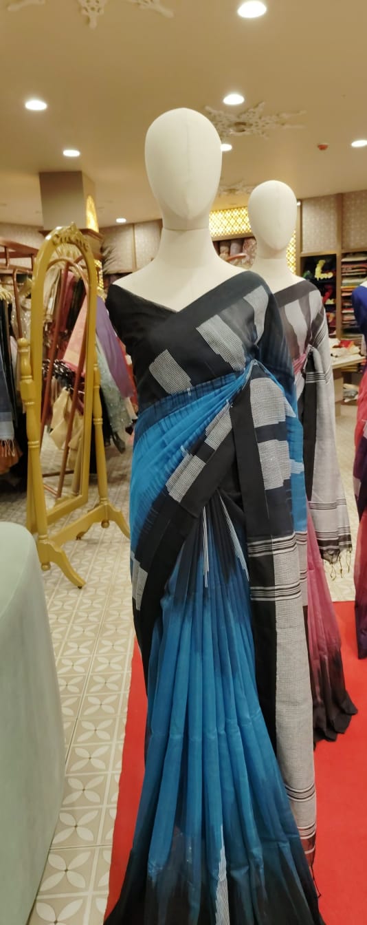 Semi Linen Saree Black & Turquoise   Saree Search code 1597