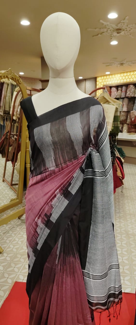 Semi Linen Saree Black & Onion Pink  Saree Search code 1596