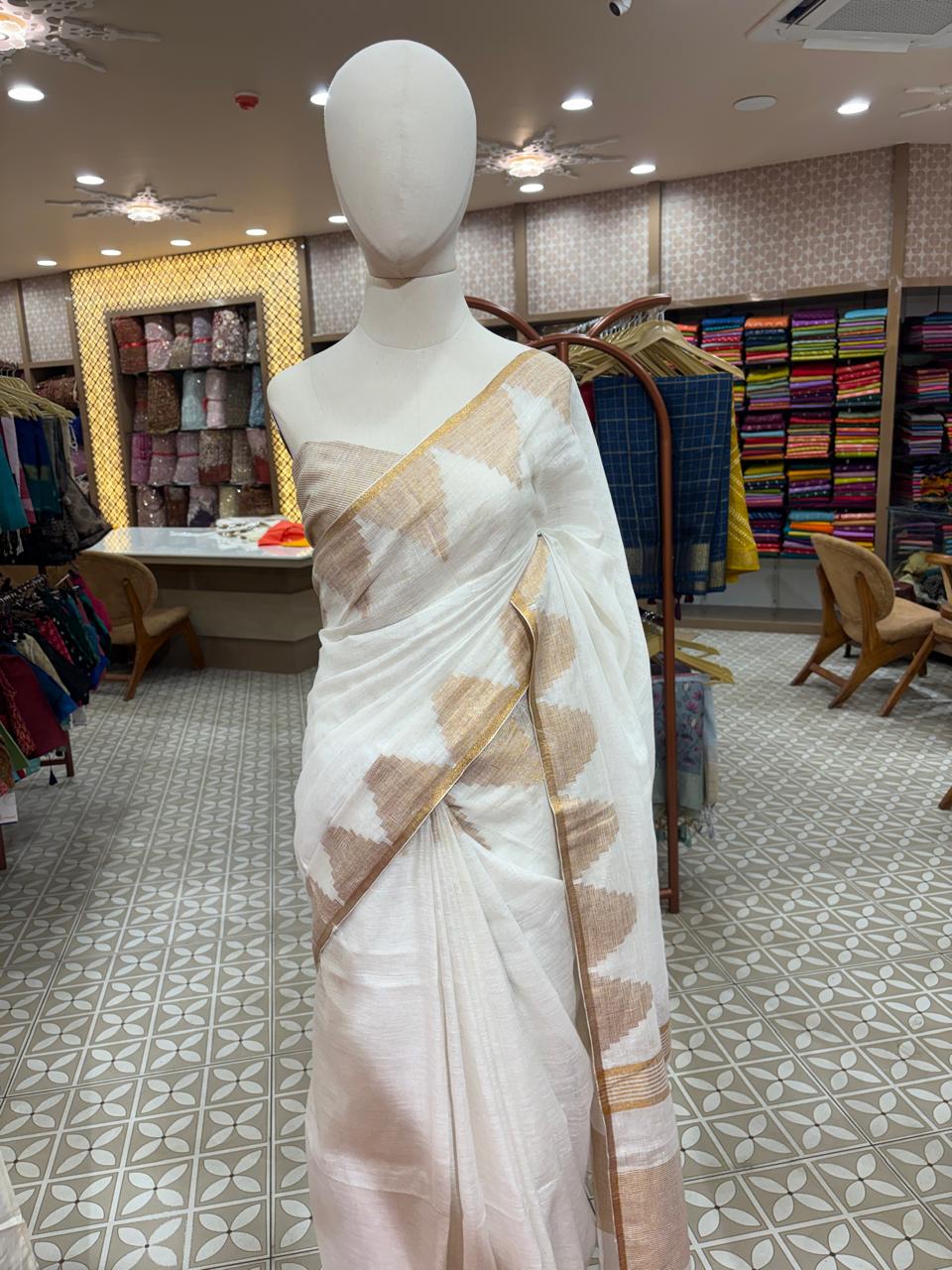 Linen Saree - Off-white / Cream / Ivory  color Search code 2301