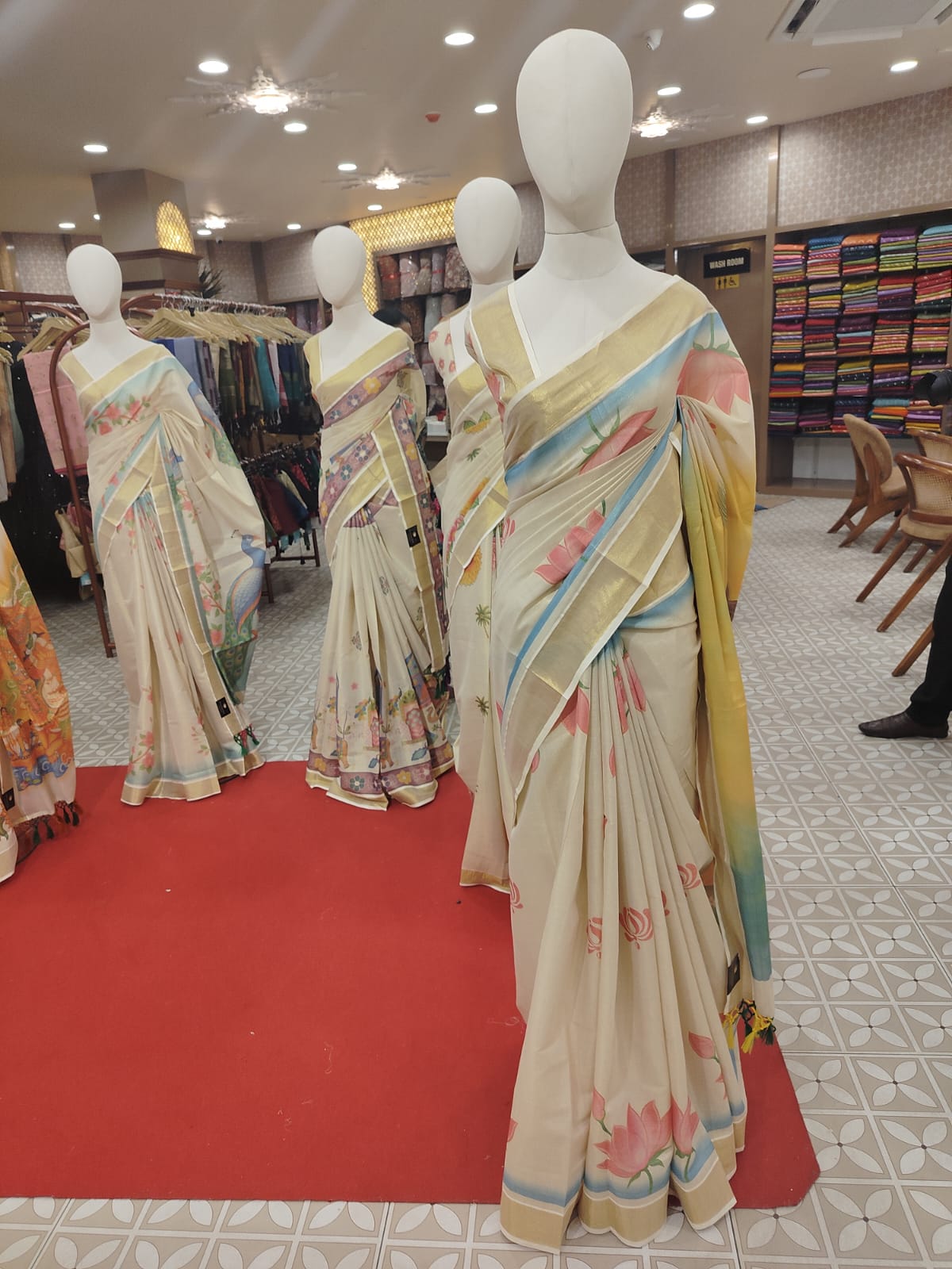 Kerala Ivory Cotton-Tissue Saree with Pastel Search code 7314