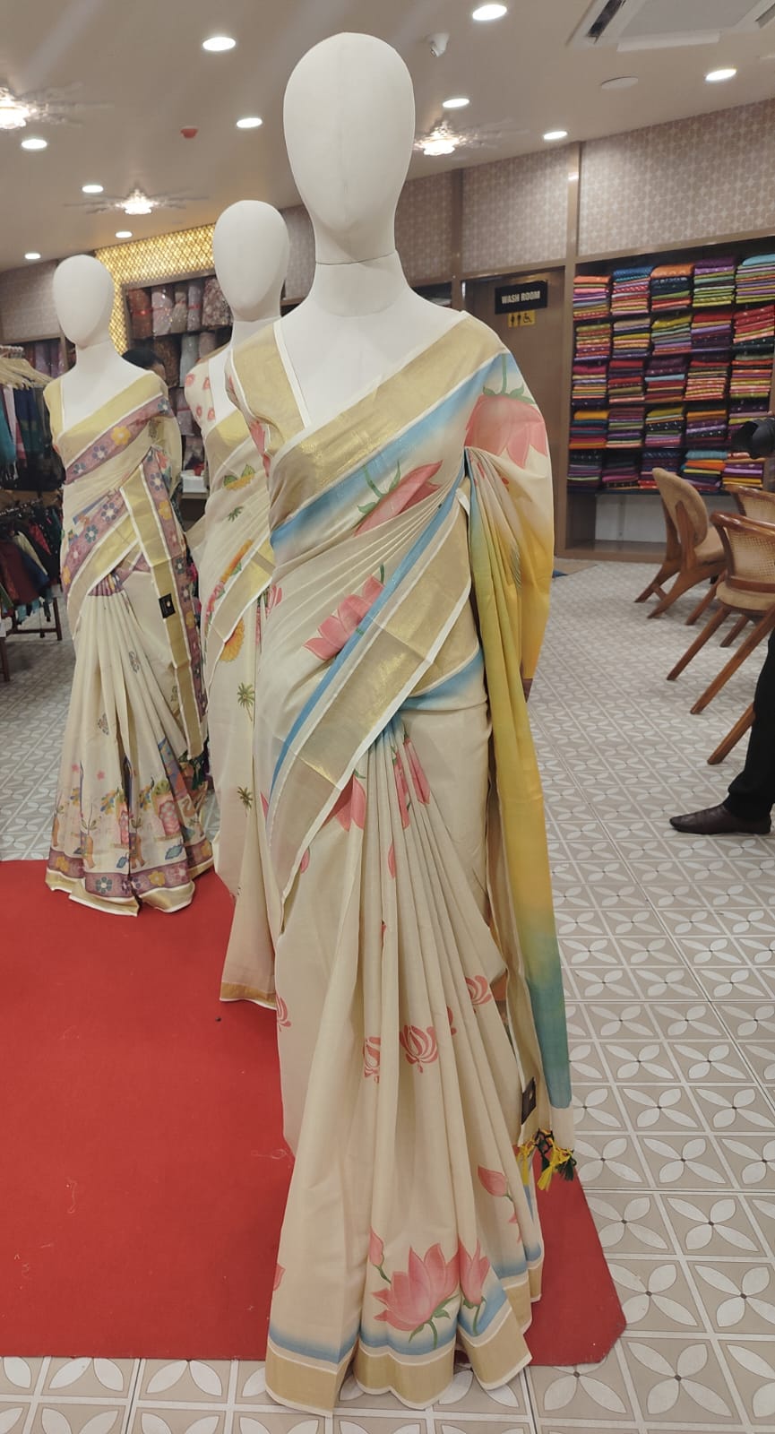 Cream Kerala Kasavu tissue  Saree with Pastel Pink Lotus Search code 7316
