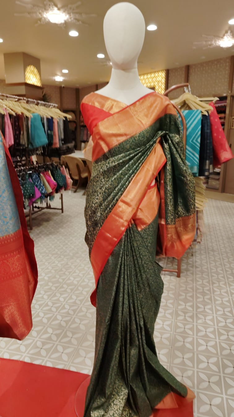 Semi Silk Saree Bottle Green with Coral Orange Zari Border   Search code 1562