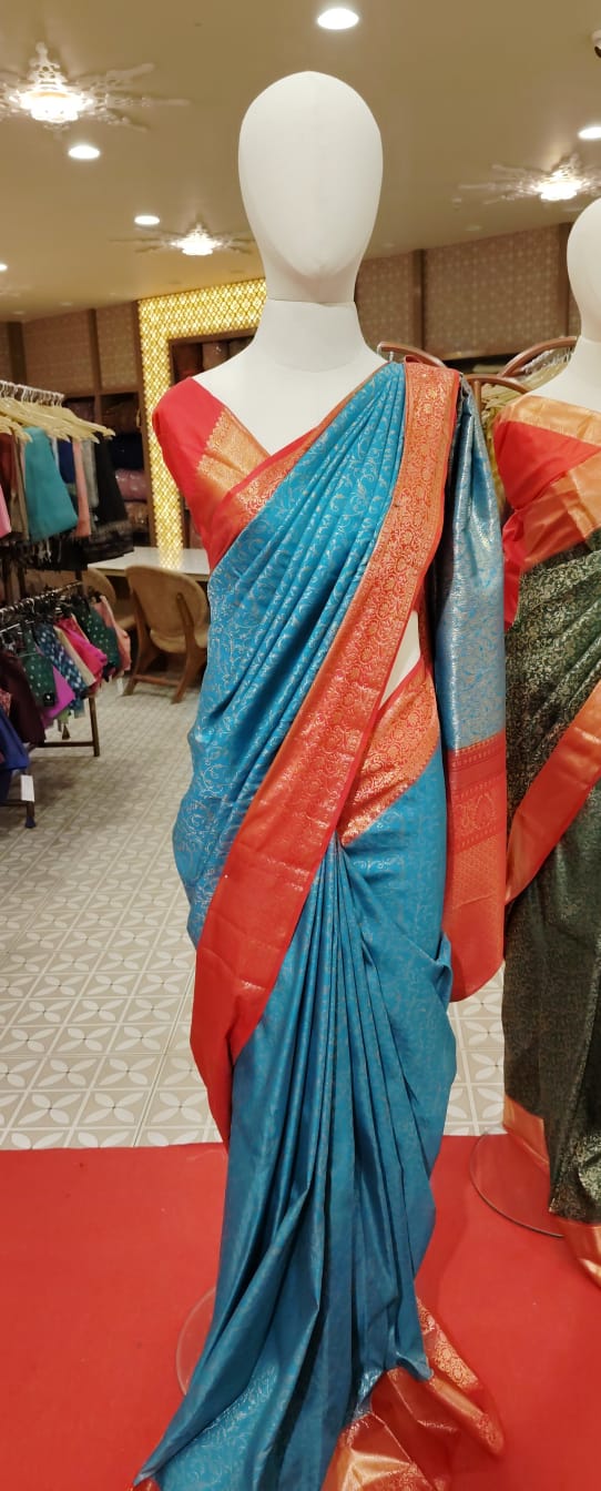 Semi Silk Saree Turquoise Blue  Search code 1564