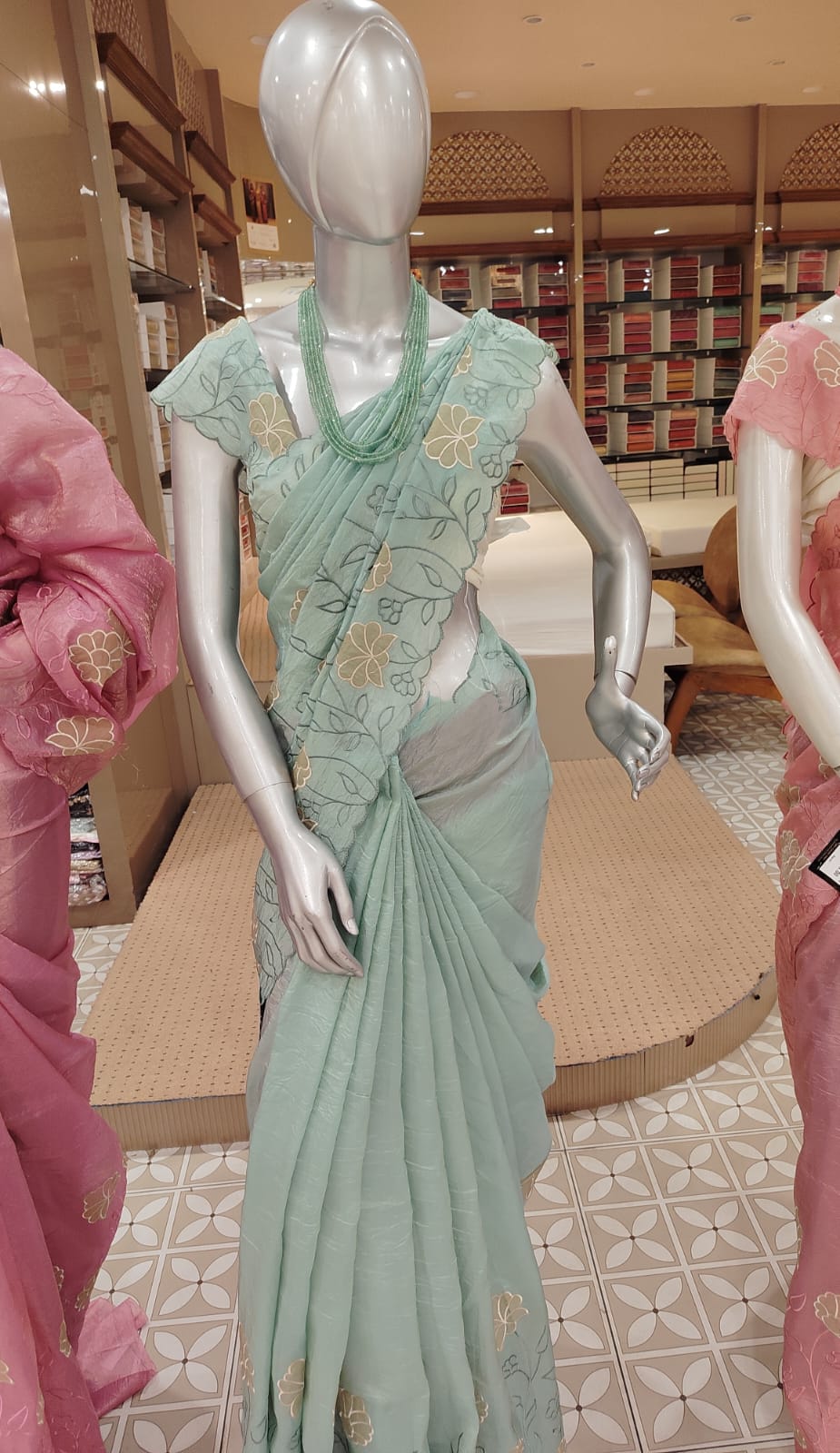 CRUSHED ORGANZA SAREE Dusty Mint with Champagne Gold Embroidery  Search code 6301
