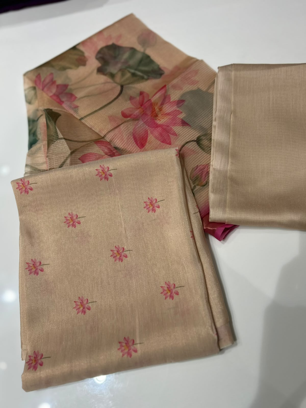 Tissue  Unstitched Salwar suit set  - Golden to Pink shade Search code 1201