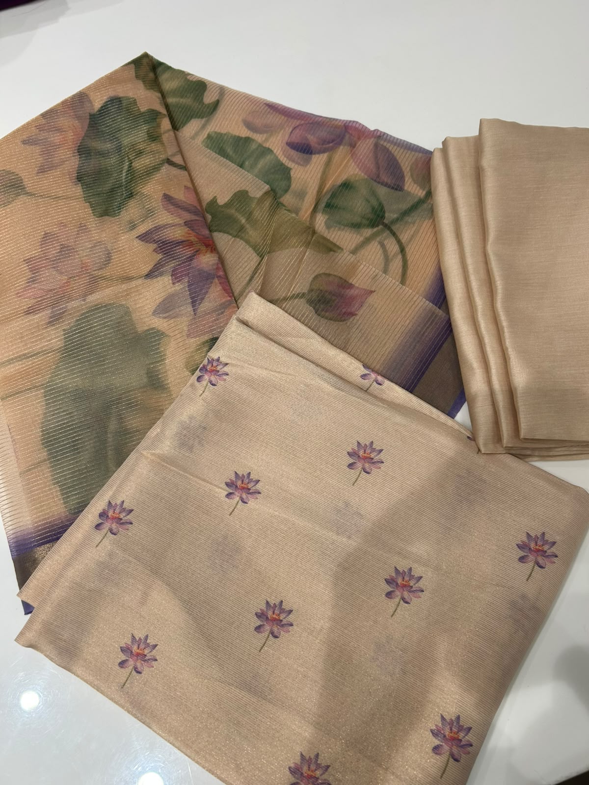 Tissue  Unstitched Salwar suit set  - Golden to Lavender shade Search code 1203