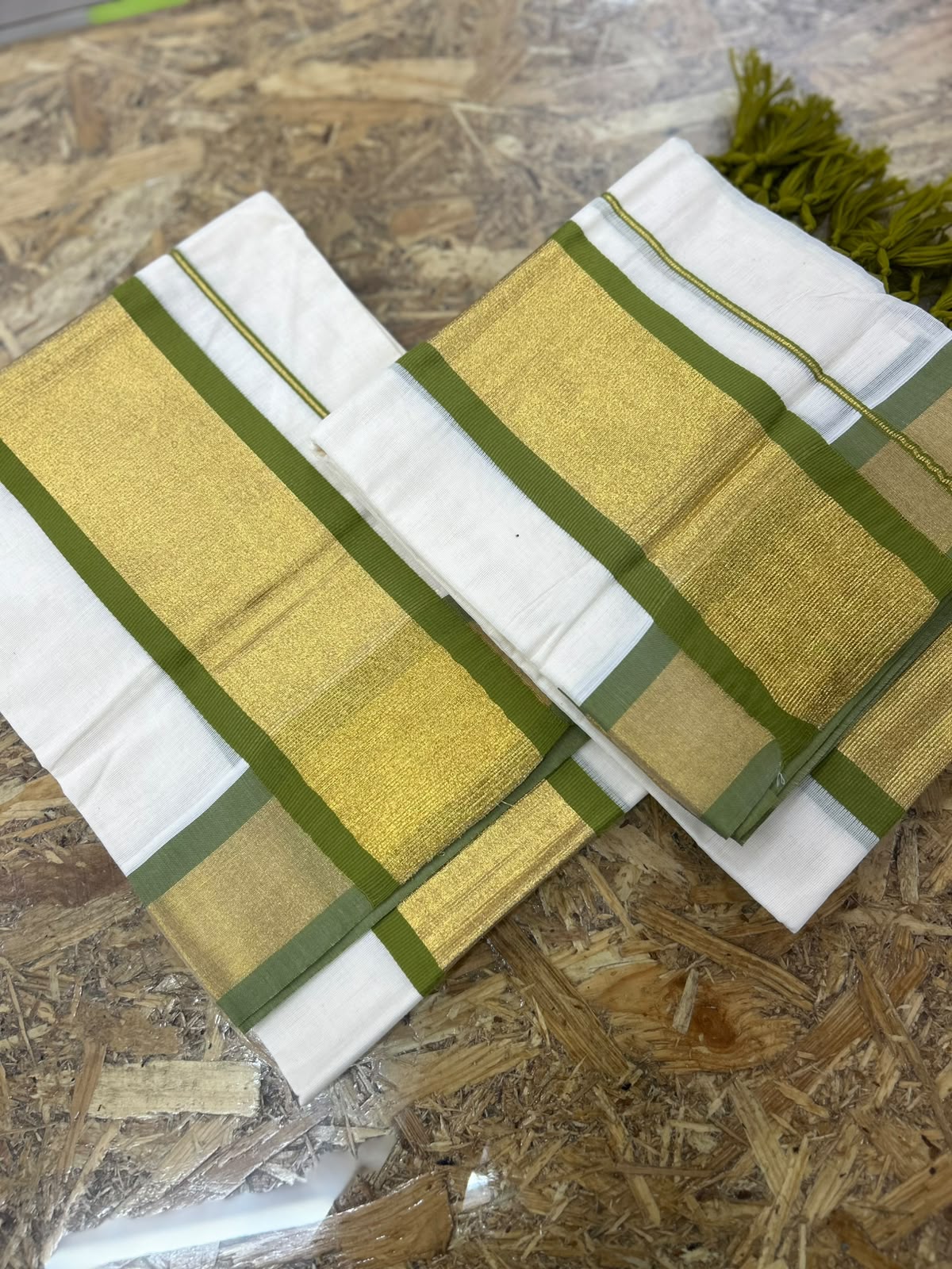 set mundu  - Golden cotton  and green shade Search code 9010