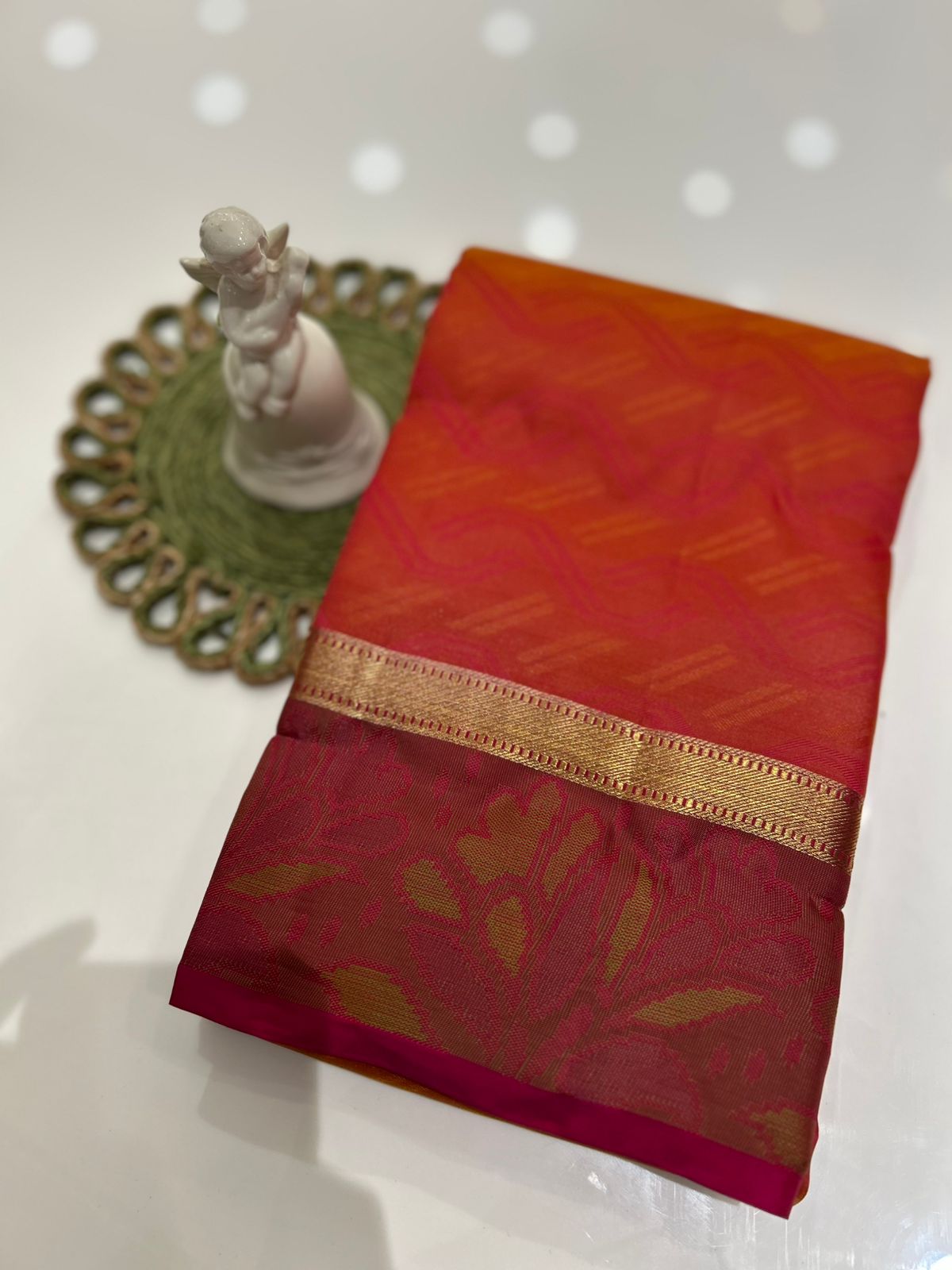 kanchipuram self imposing saree-  Carrot peach  Search code 6009