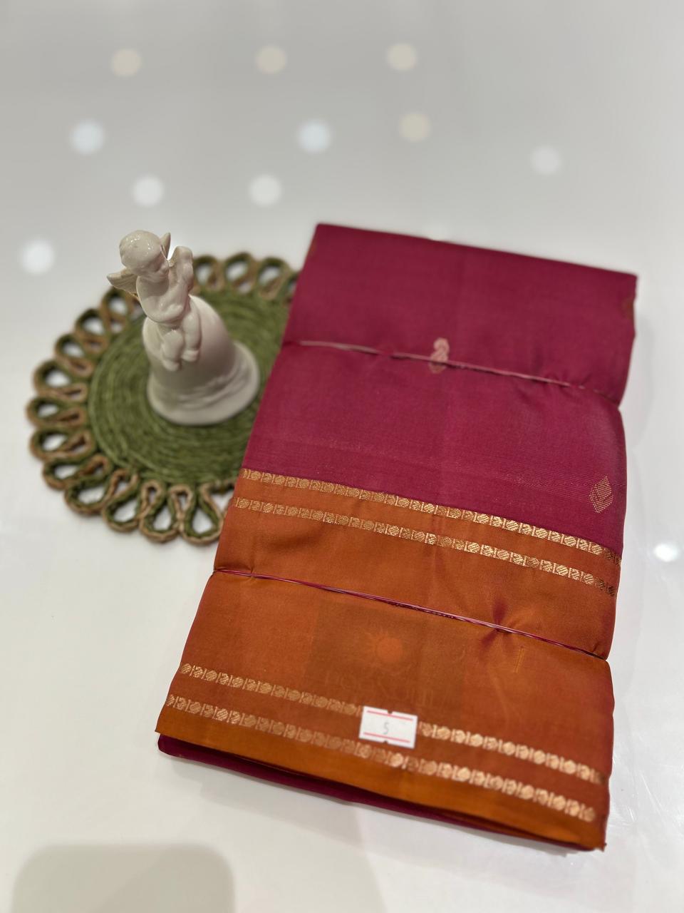 kanchipuram contrast  saree- Onion to Dusty orange   Search code 6022