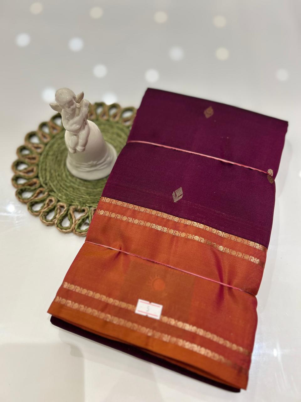 kanchipuram contrast  saree-Wine to orange Search code 6034