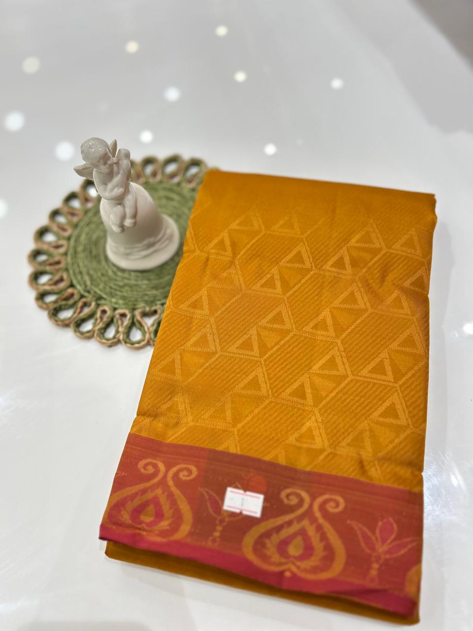 kanchipuram self imposing saree-Yellow to pink color  Search code 6055