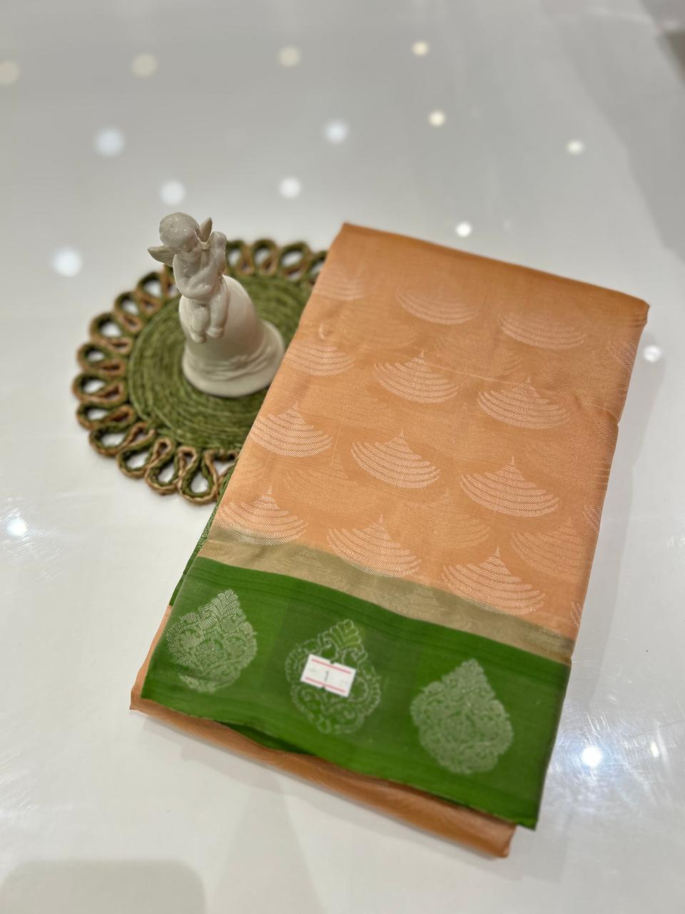 kanchipuram self imposing saree-Biscuit to green  color  Search code 6050