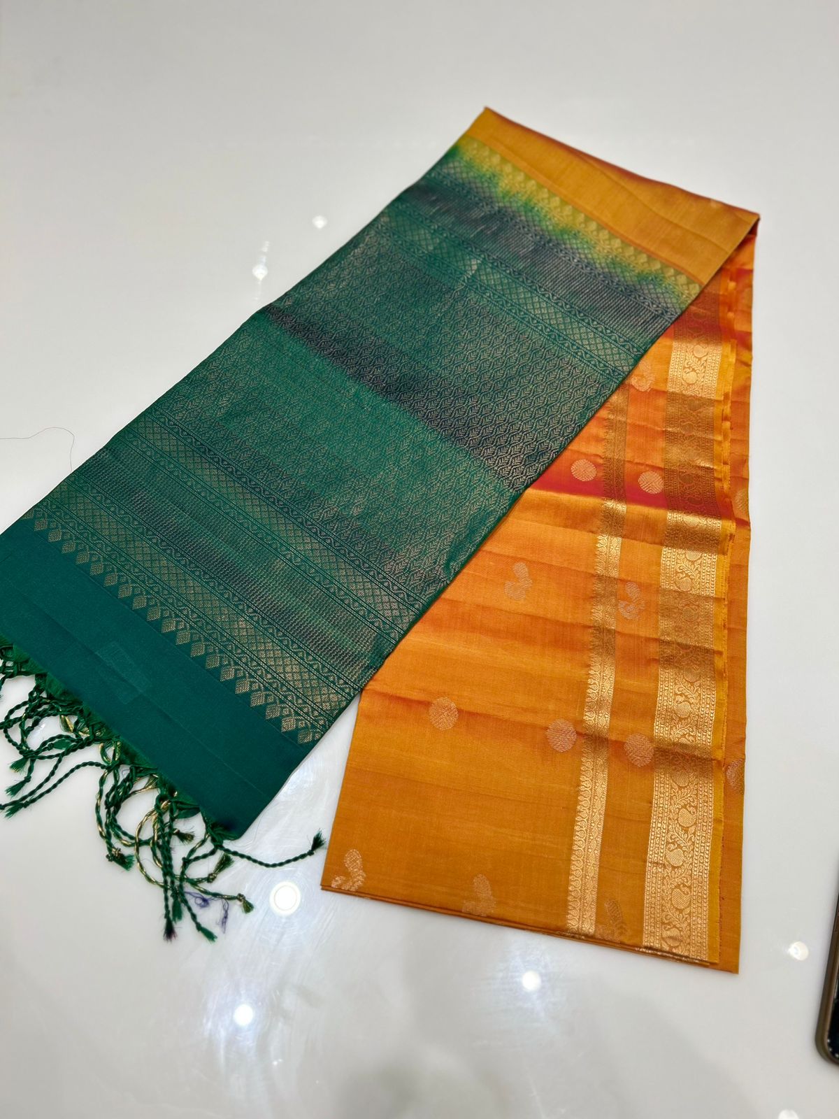 KANCHIPURAM SAREE- Mango yellow to green    Search code 5555