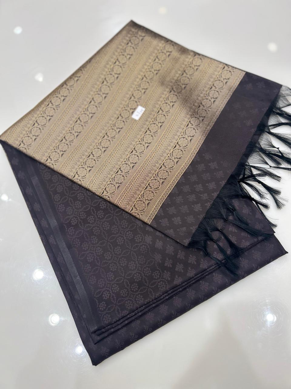 Semi Silk Saree -Brown black  color  Search code 9511
