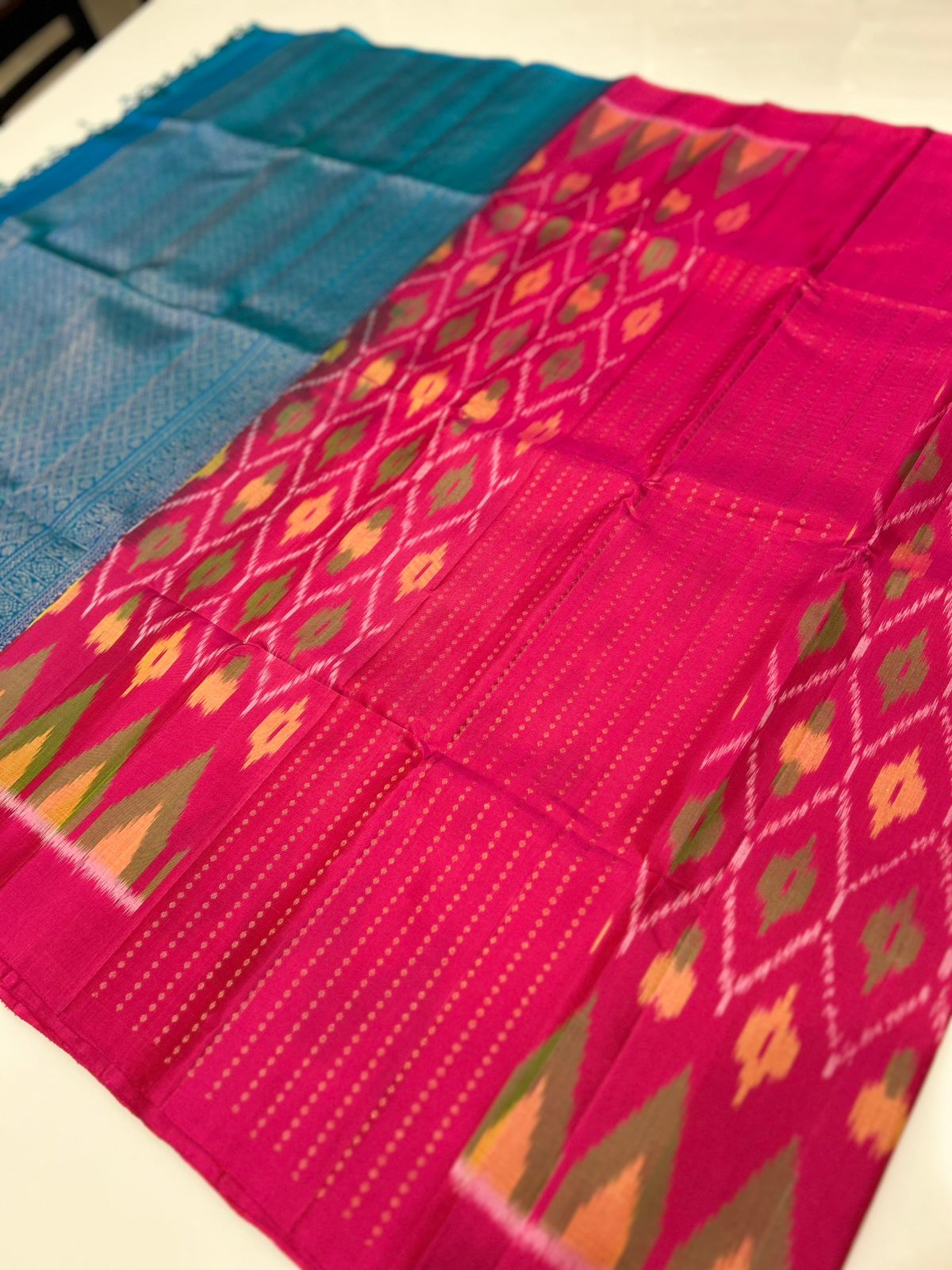 KANCHIPURAM SAREE- Ranni pink to Peacock blue Search code  6673