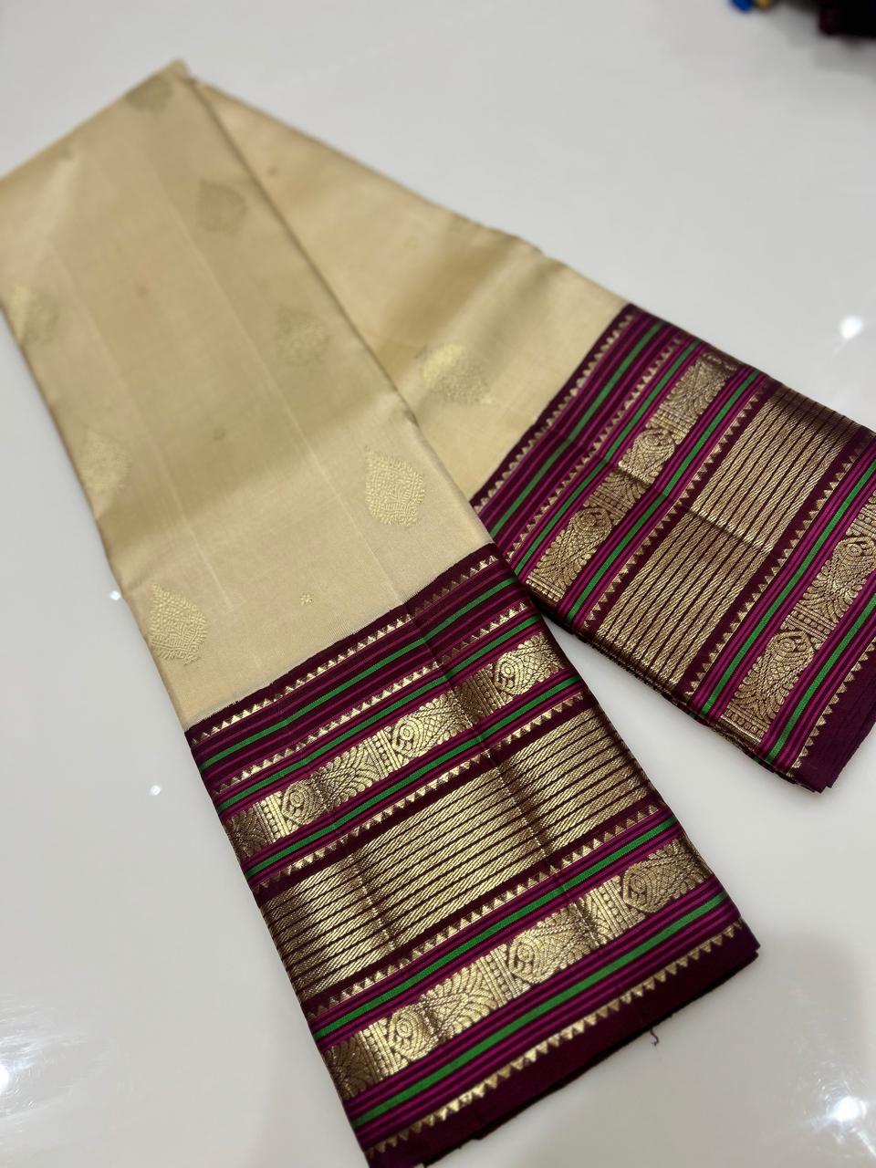 KANCHIPURAM SAREE- Cream maroon Search code  6677