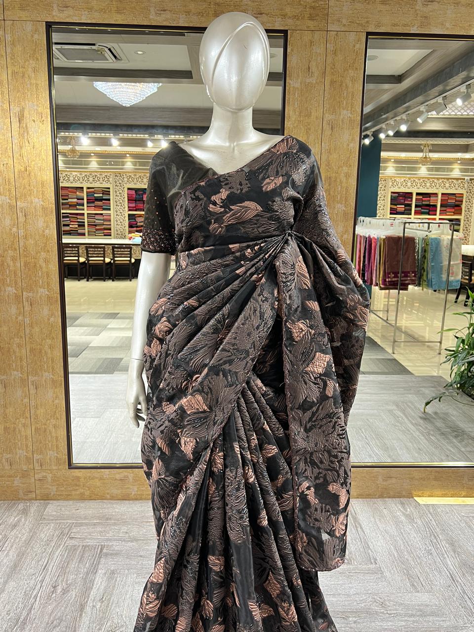 Turquoise organza saree -Black  Search code  6685