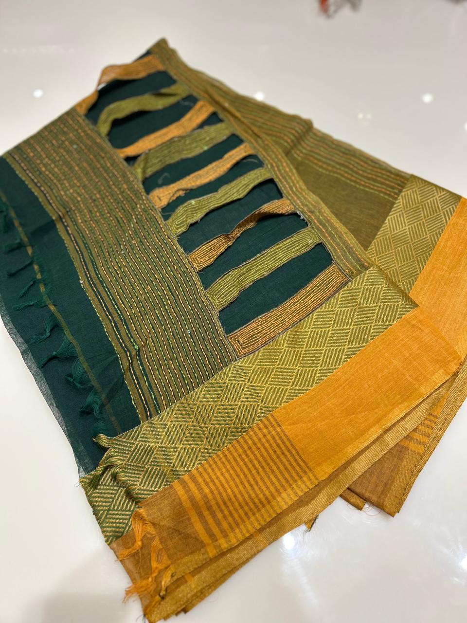 Cotton  Saree- Yellow green Search code 5000