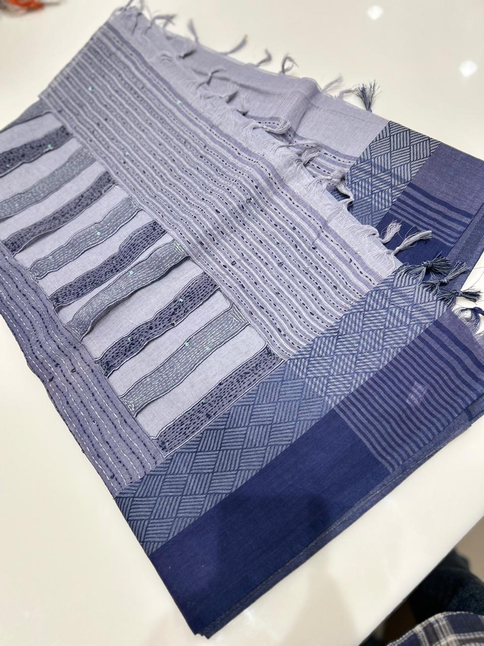 Cotton  Saree- Light blue to blue  Search code 5003