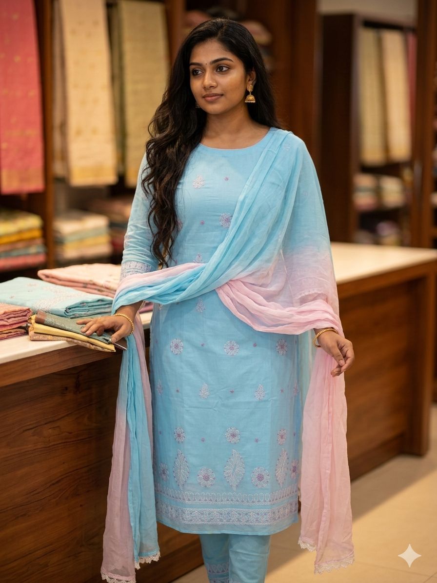 Lucknowi Hand-Stitched Cotton Chikan Kari Unstitched Set - Monochrome Series  Search code  5800