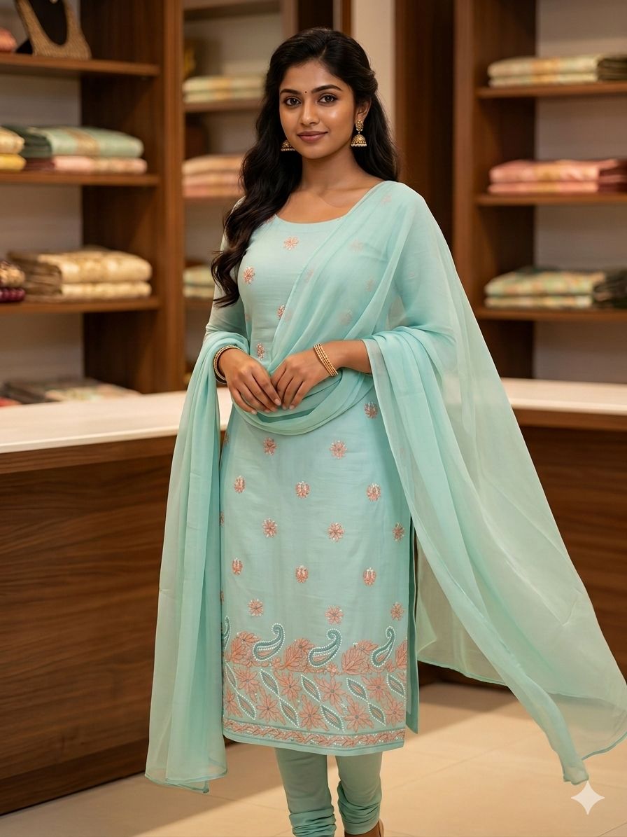 Lucknowi Hand-Stitched Cotton Chikan Kari Unstitched Set - Monochrome Series  Search code 5801