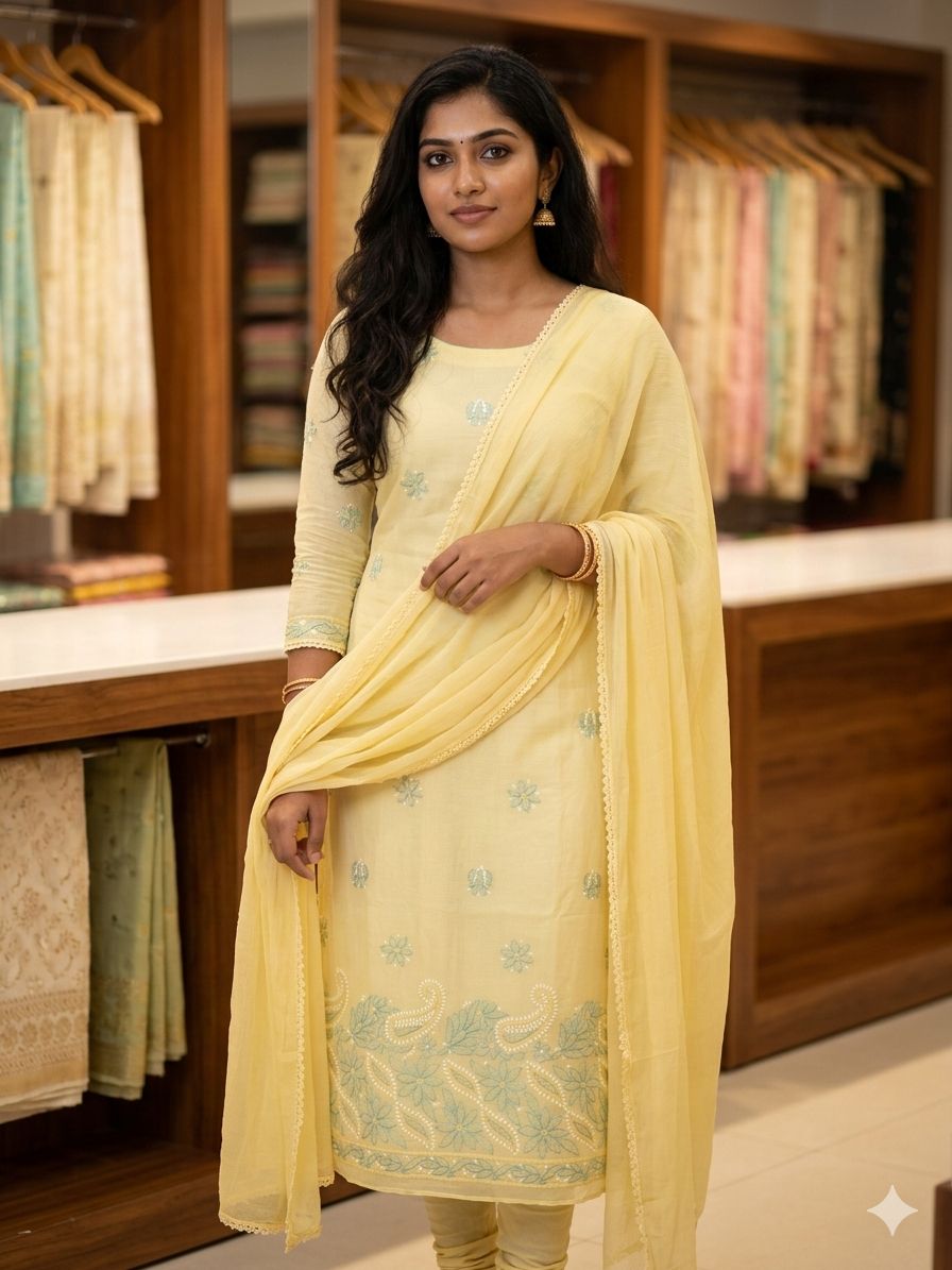 Lucknowi Hand-Stitched Cotton Chikan Kari Unstitched Set - Monochrome Series  Search code 5801