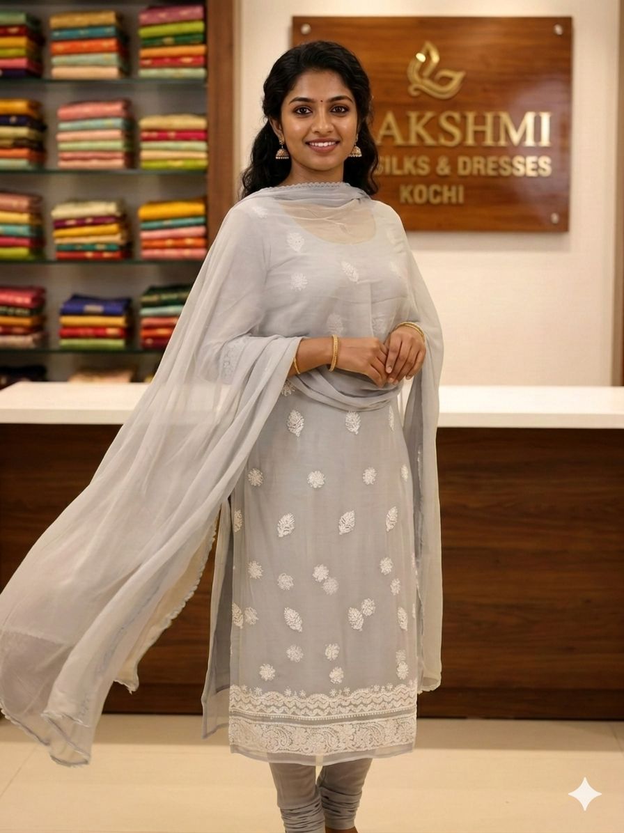 Lucknowi Hand-Stitched Georgette Chikan Kari Unstitched Set - Monochrome Series  Search code 5802