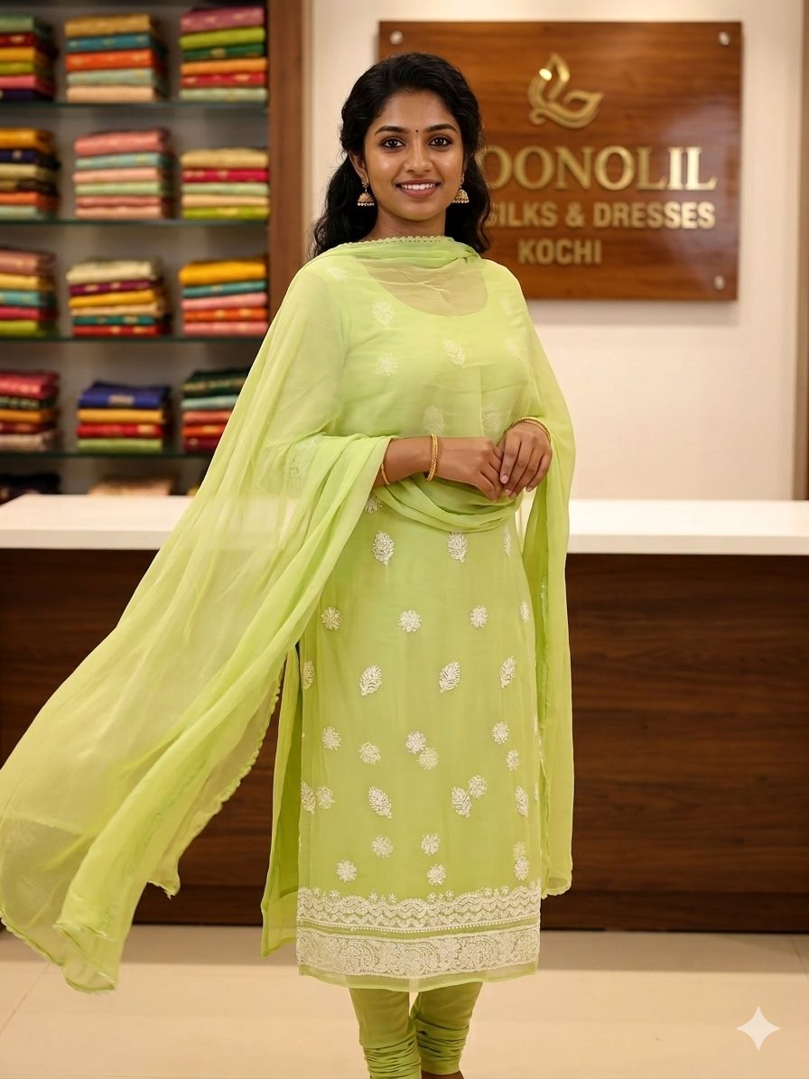 Lucknowi Hand-Stitched Georgette Chikan Kari Unstitched Set - Monochrome Series  Search code 5802