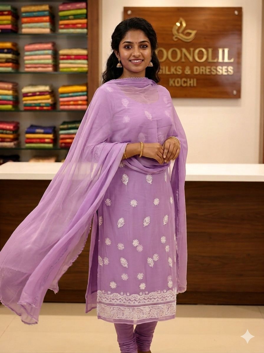 Lucknowi Hand-Stitched Georgette Chikan Kari Unstitched Set - Monochrome Series  Search code 5802