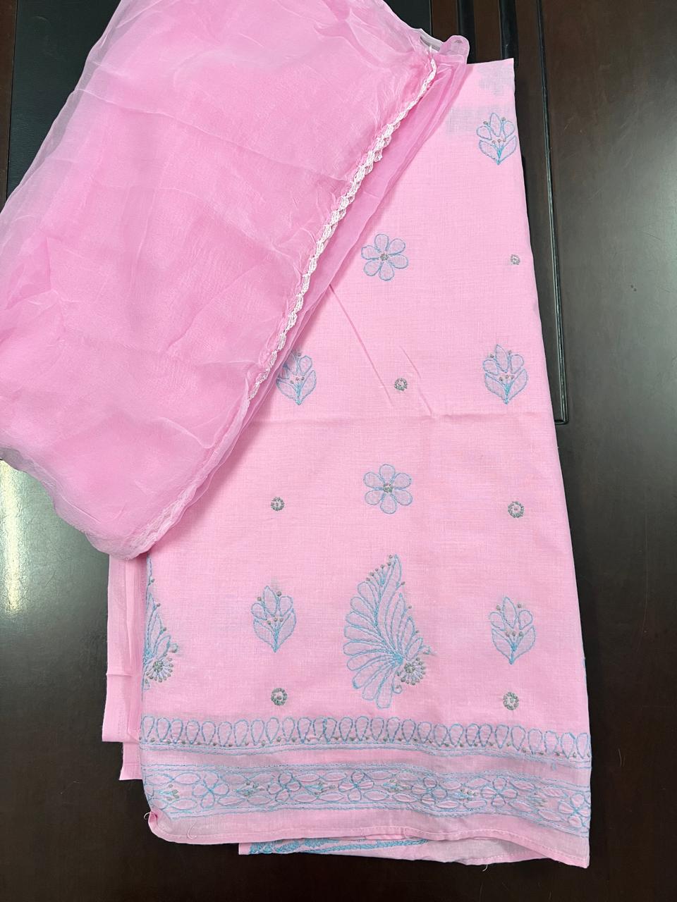 Lucknowi Hand-Stitched Cotton Chikan Kari Unstitched Set - Monochrome Series  Search code  5800