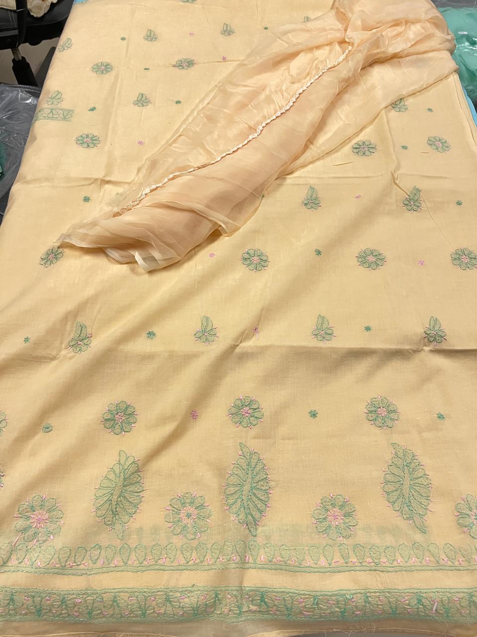 Lucknowi Hand-Stitched Cotton Chikan Kari Unstitched Set - Monochrome Series  Search code  5800